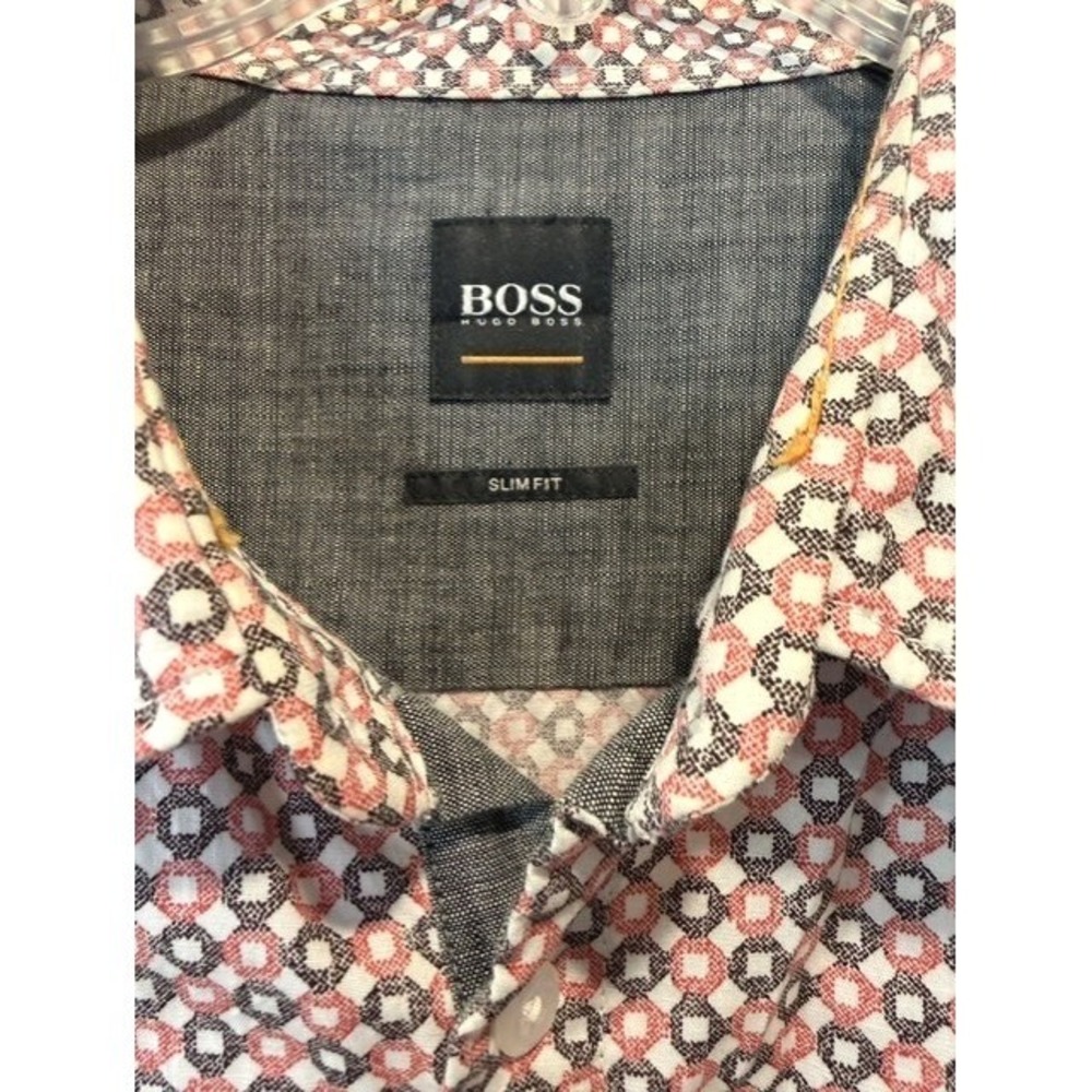 Hugo Boss Mens Slim Fit XXL Geometric Print Long Sleeve Shirt Red White Grey - Picture 2 of 9